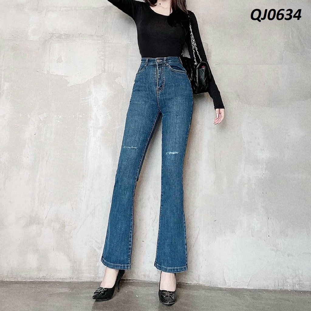 Quần jeans ống Pass Loe rách gối lưng cao QJ0634