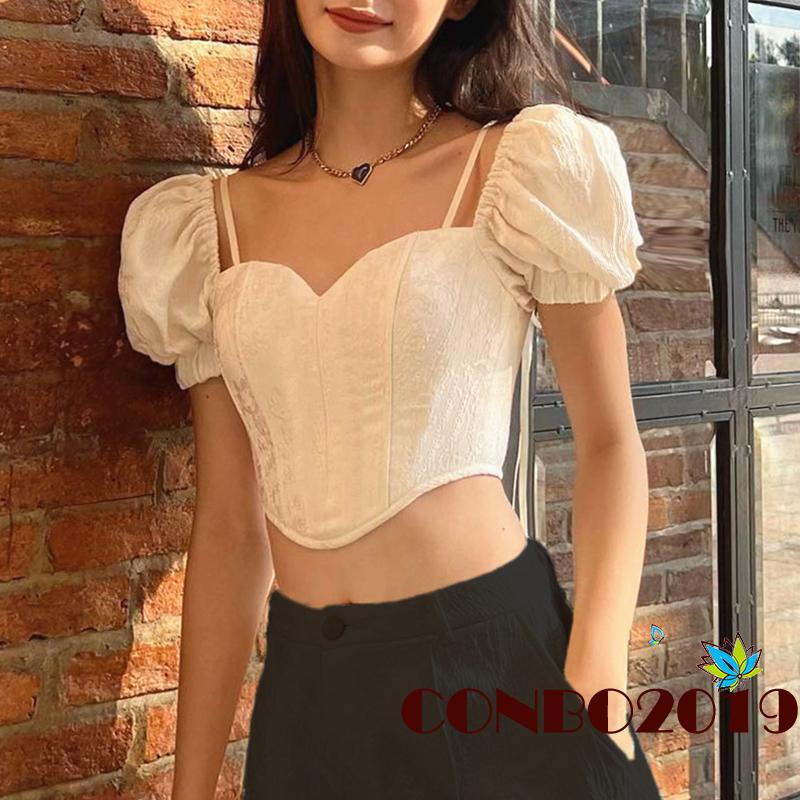 Áo Croptop Tay Phồng Ngắn Cổ Buộc Dây Thời Trang Cho Nữ