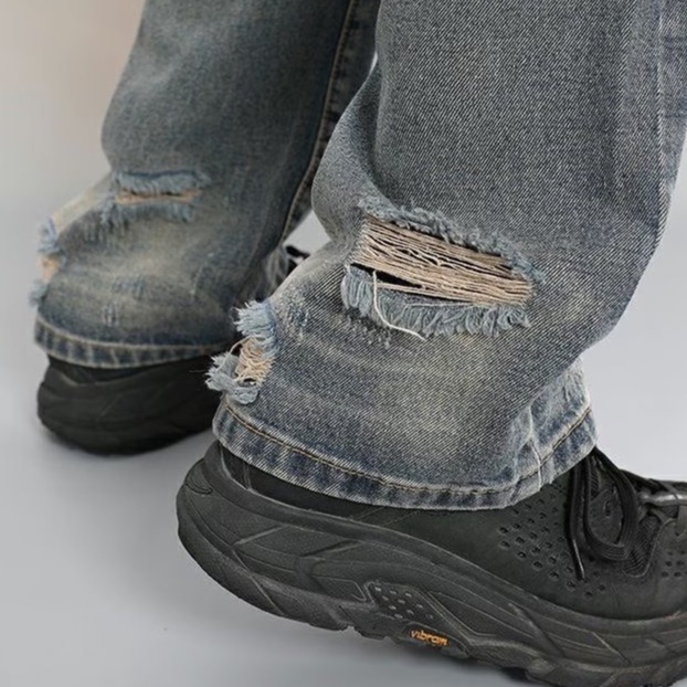 Quần Jean nam thời trang retro quần jean ống suông form rộng nam nữ quần jean nam rách gối hàn quốc quần bò nữ