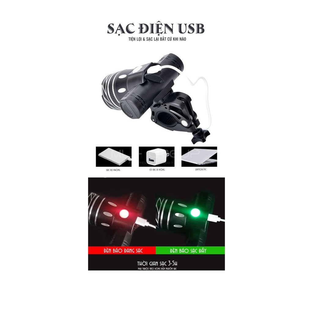 Đèn Xe Đạp Gắn Trước T6 NEW Sạc Điện USB Chống Nước (Bản Nâng Cấp Kèm Chân Đế Trượt) MLH