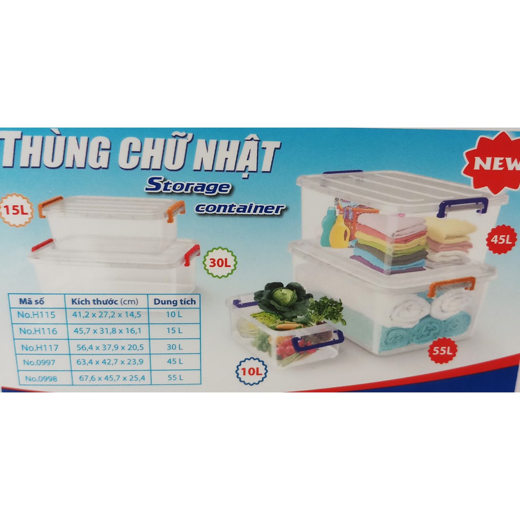 Thùng nhựa, hộp nhựa đựng đồ trong suốt 10 lít, nắp có khóa cài là 2 quai xách 2 bên. H115