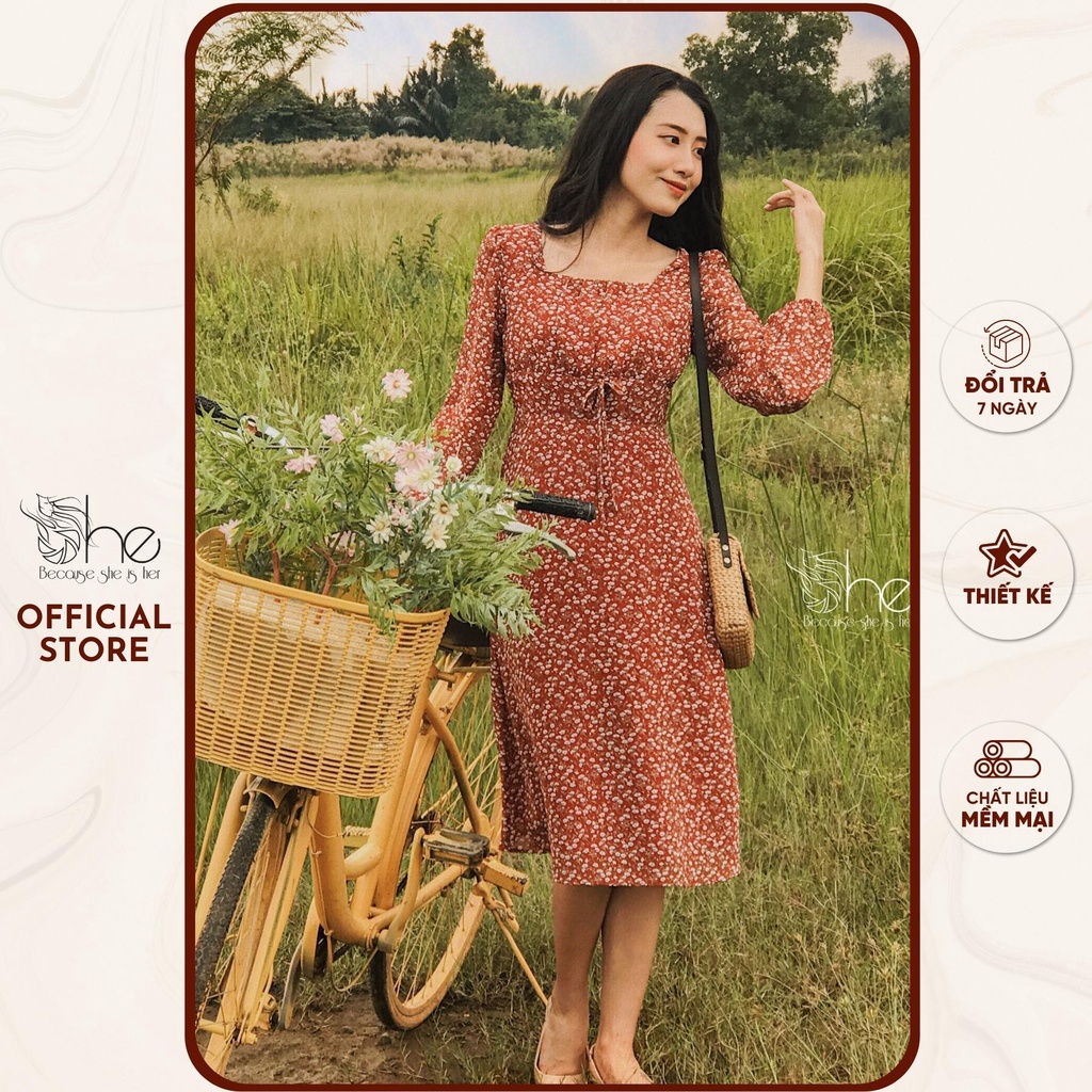 Váy đầm cổ vuông nhún ngực She, đầm hoa tay dài von nhí thời trang cho nữ SDX103