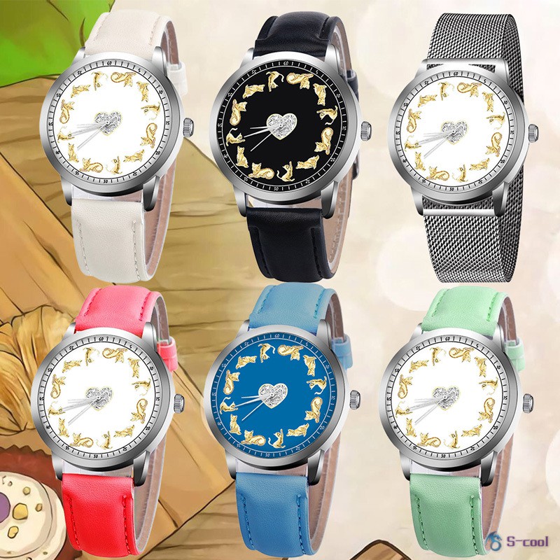 Cartoon Cat Watch Quartz Watch with Alloy/PU Leather Strap Simple Fashion Watch for Girls Students
