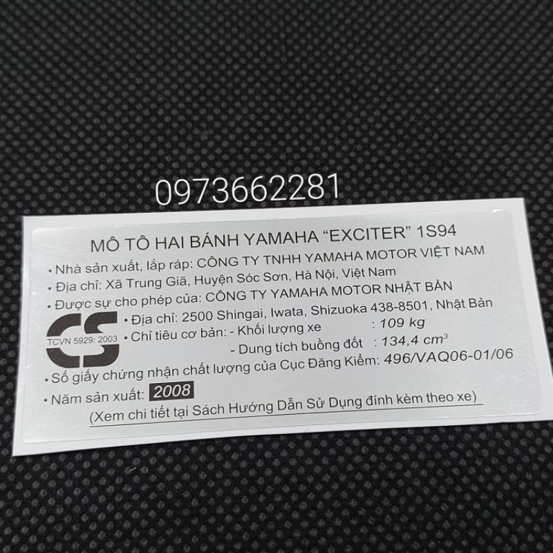 Tem thông số năm Sản xuất EXCITER 2008.1S94, Tem dán càng gắp, gấp