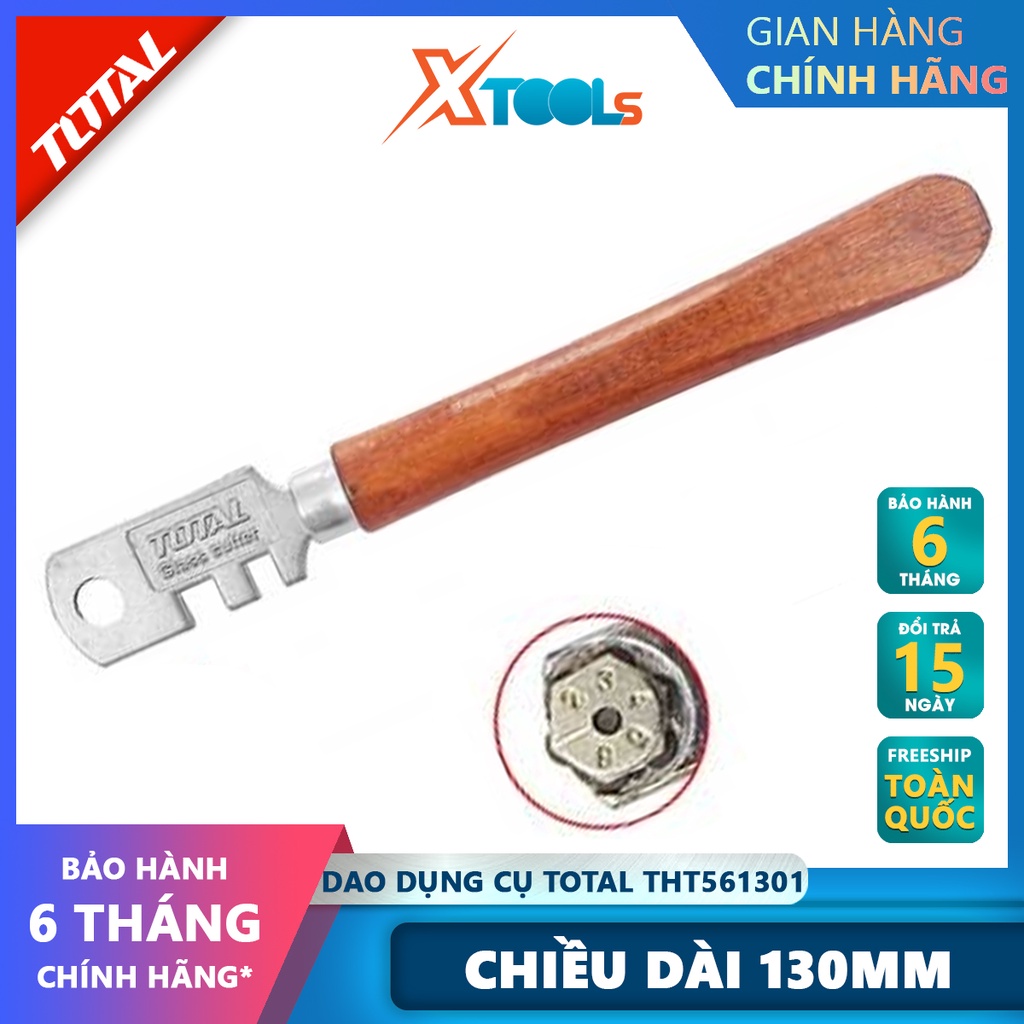 Dao cắt kiếng TOTAL THT561301 | dụng cụ bẻ kính Tay cầm bằng gỗ, Lưỡi cắt kính có 6 bánh cắt, Chiều dài: 130mm, Tổng chi