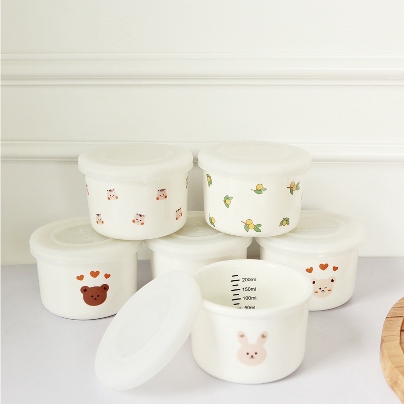 Hũ sứ ăn dặm phong cách Hàn Quốc, bát sứ hình gấu siêu dễ thương có nắp silicone