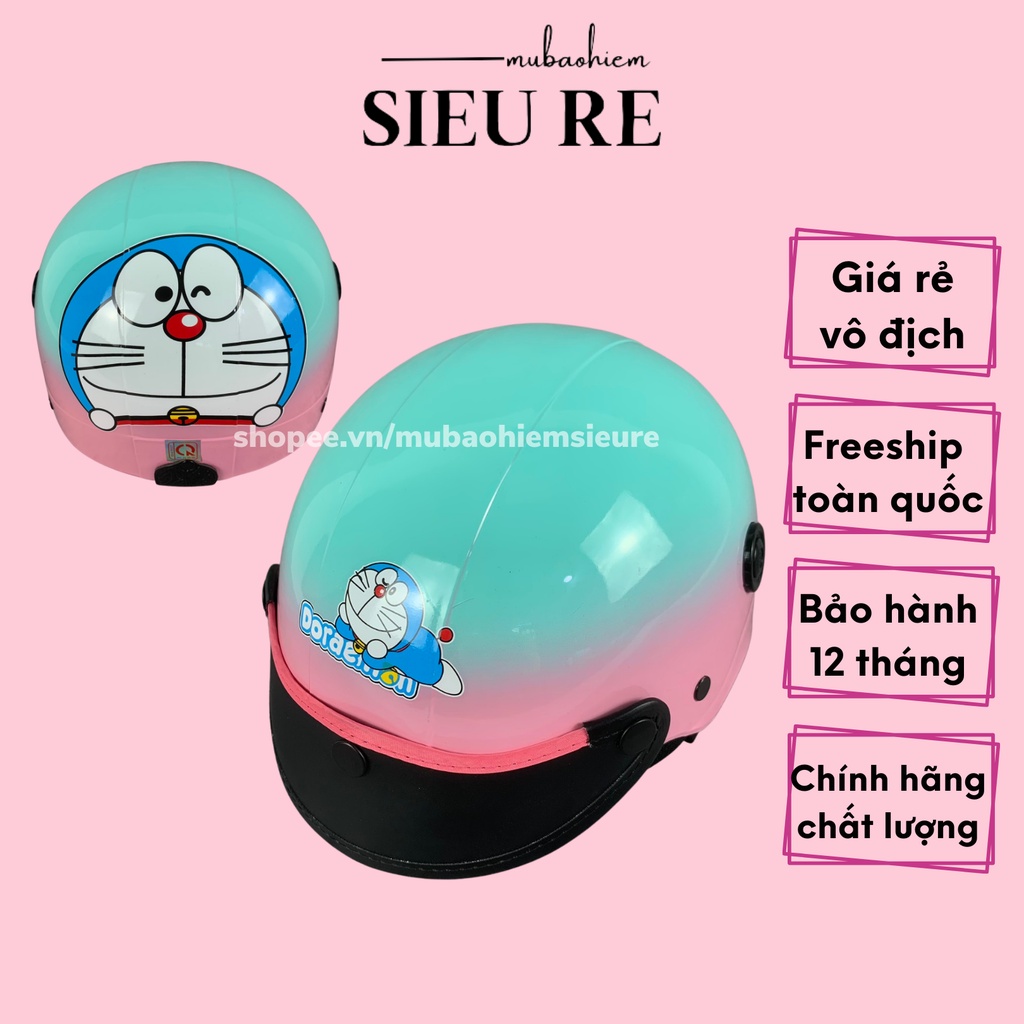Mũ bảo hiểm nửa đầu chính hãng sơn highlight hồng và ngọc tem doremon , nón bảo hiểm đa dạng màu sắc xu hướng của năm