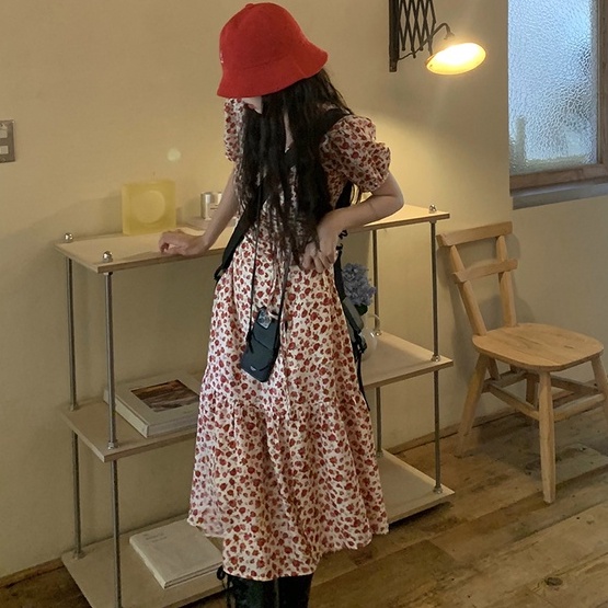 Đầm hoa ZHELIHANGFEI dáng dài cổ chữ v nhấn eo xinh xắn thời trang