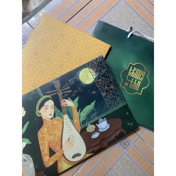 Bộ túi & hộp giấy 2 bánh 4 bánh trung thu 125-250g mẫu Dạ Cầm-kèm dao dĩa