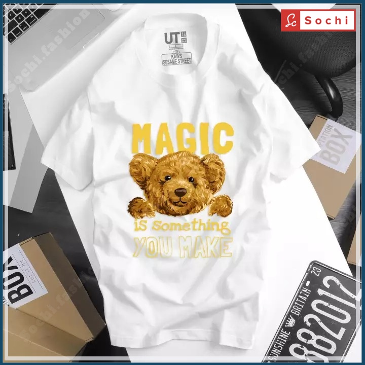 Áo thun nam tay ngắn cổ tròn, áo thun đen nam chất phông cotton CZ195 in hình Gấu