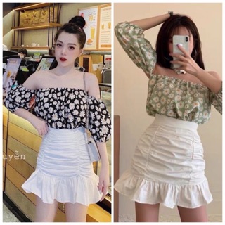 Set áo trễ vai hoa cúc chân váy nhún đuôi cá - Hình thật