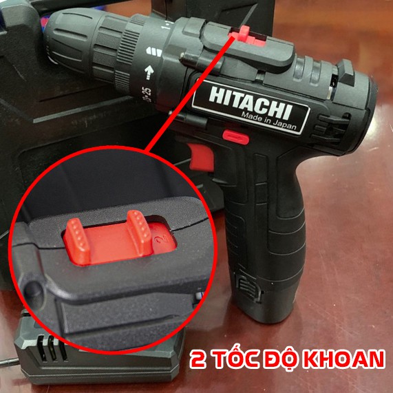 MÁY KHOAN PIN HITACHI 12V - MÁY BẮT VÍT 12V - MÁY KHOAN DÙNG PIN CẦM TAY - 2 TỐC ĐỘ - LOI DONG - ĐẢO CHIỀU