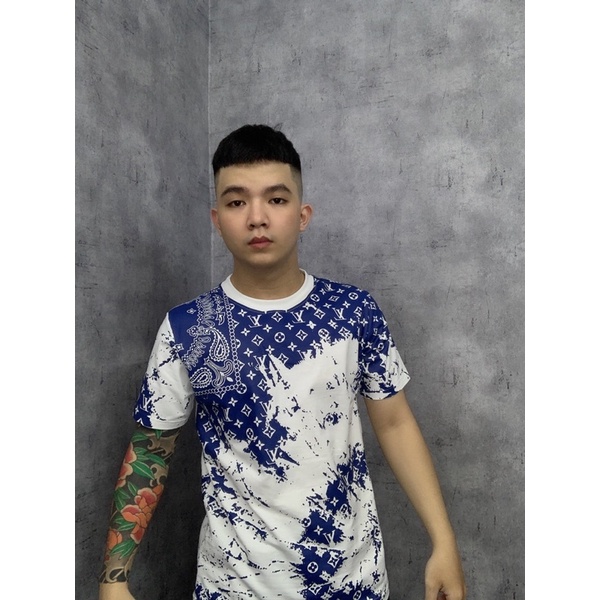 Áo Phông Nam Lv cao cấp Was sơn full áo - Áo Thun Quảng Châu lv in chữ toàn thân 2 màu trắng đen