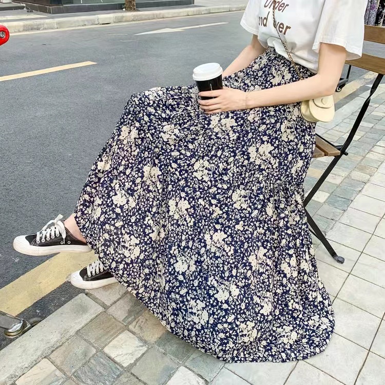 Chân váy voan BH dáng dài lưng cao in hoa thời trang mùa hè hàng mới 2022