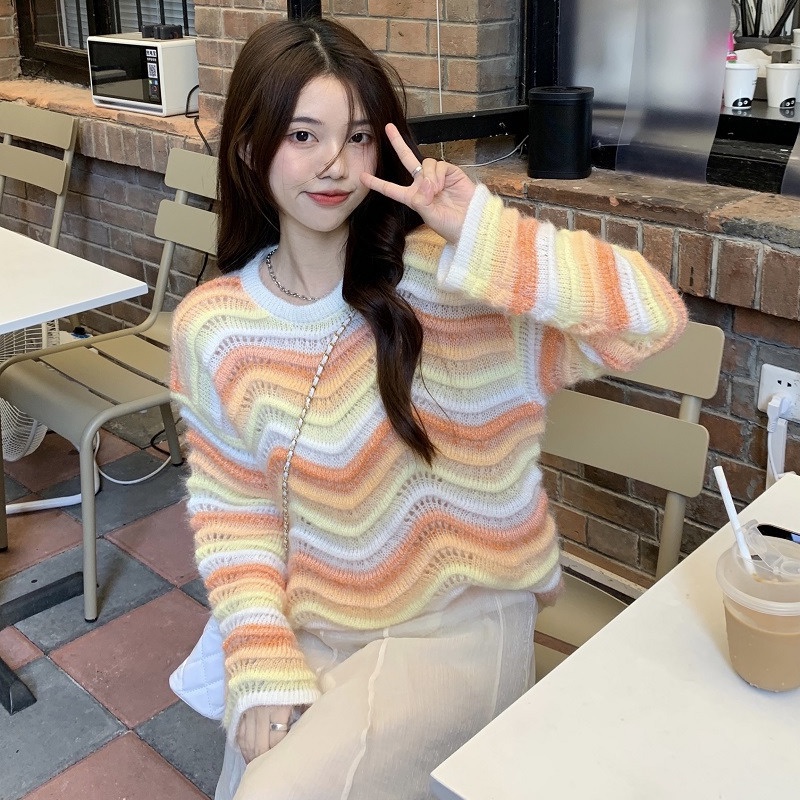 Áo Sweater Dệt Kim Tay Dài Khoét Lỗ Họa Tiết Kẻ Sọc Nhiều Màu Thời Trang Mùa Thu Phong Cách Phương T