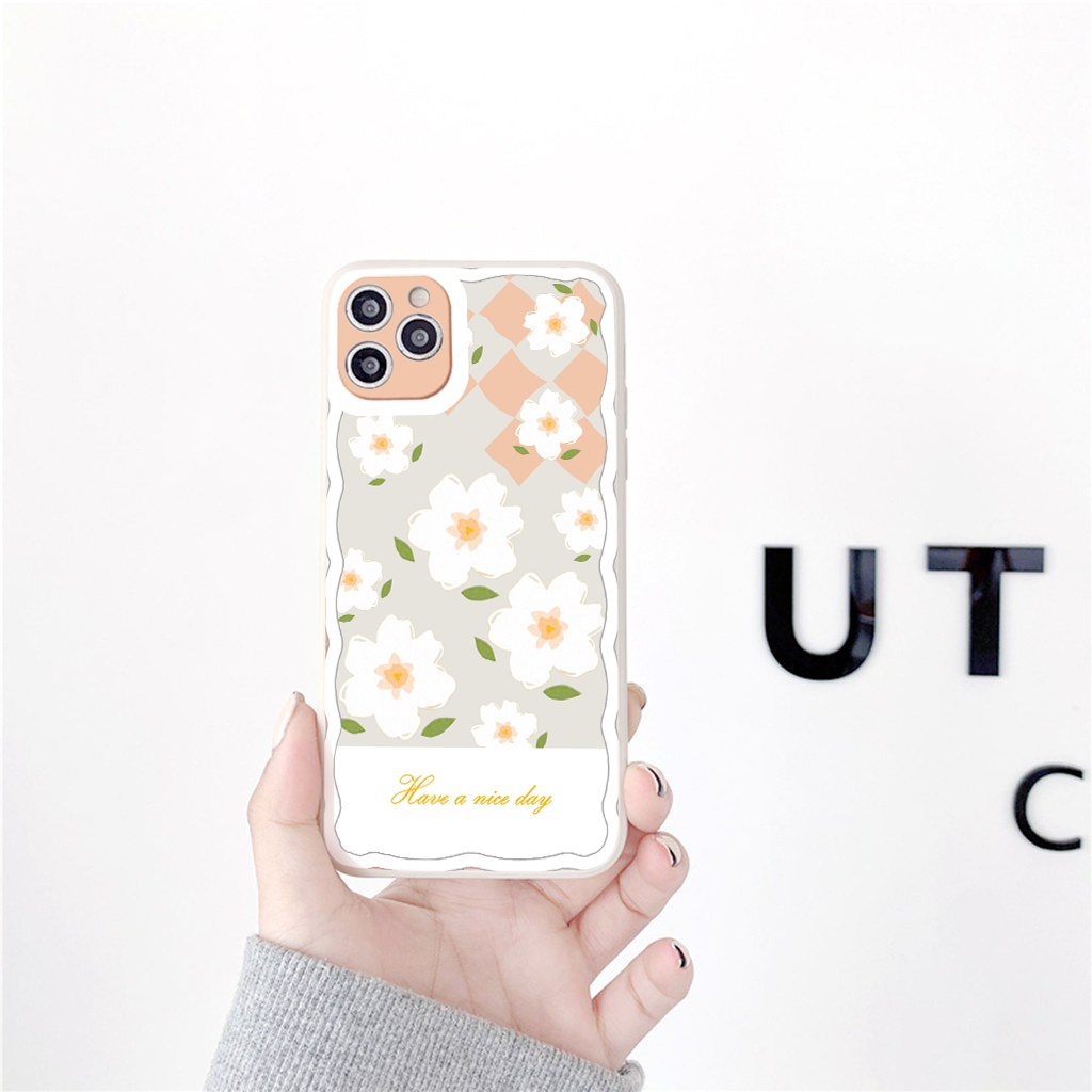Ốp iphone cạnh vuông bo viền Hoa trắng have a nice day cho 11 pro/11promax/12pro max/13pro max/6/7/8/plus/x/xr/xsmax-g83