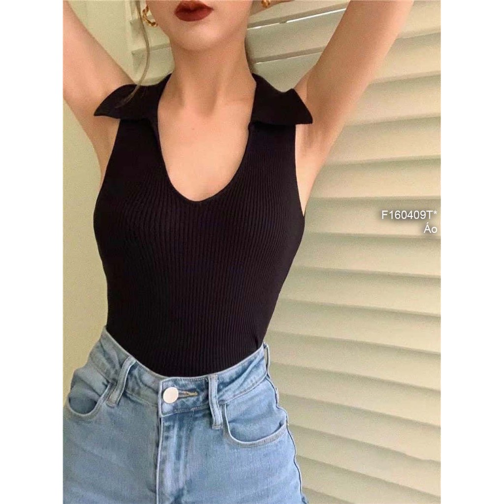 Áo len croptop cổ bẻ sát nách