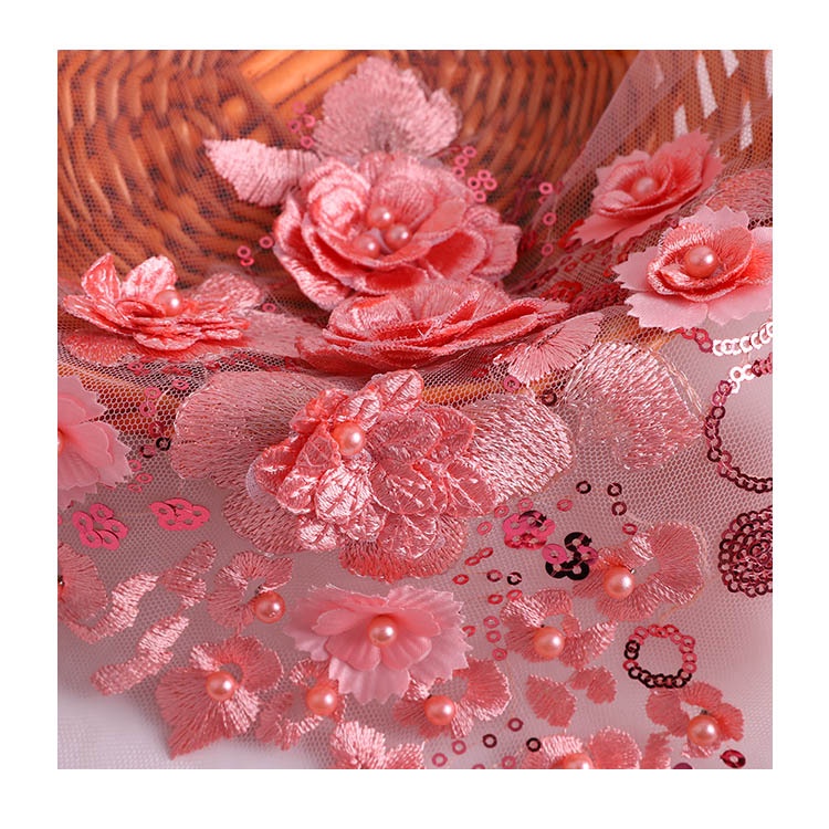 1 Miếng Vải Ren Thêu Hoa Đính Cườm 3D 25 * 25CM Trang Trí Váy Cưới
