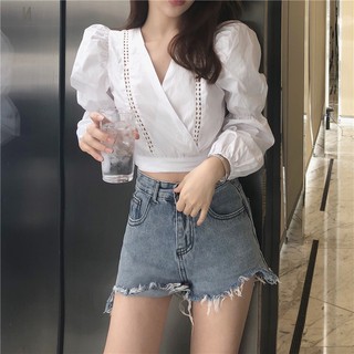 [KoreaStyle] Áo Croptop Sơ Mi Cổ V Ulzzang _shop yêu thích uy tín