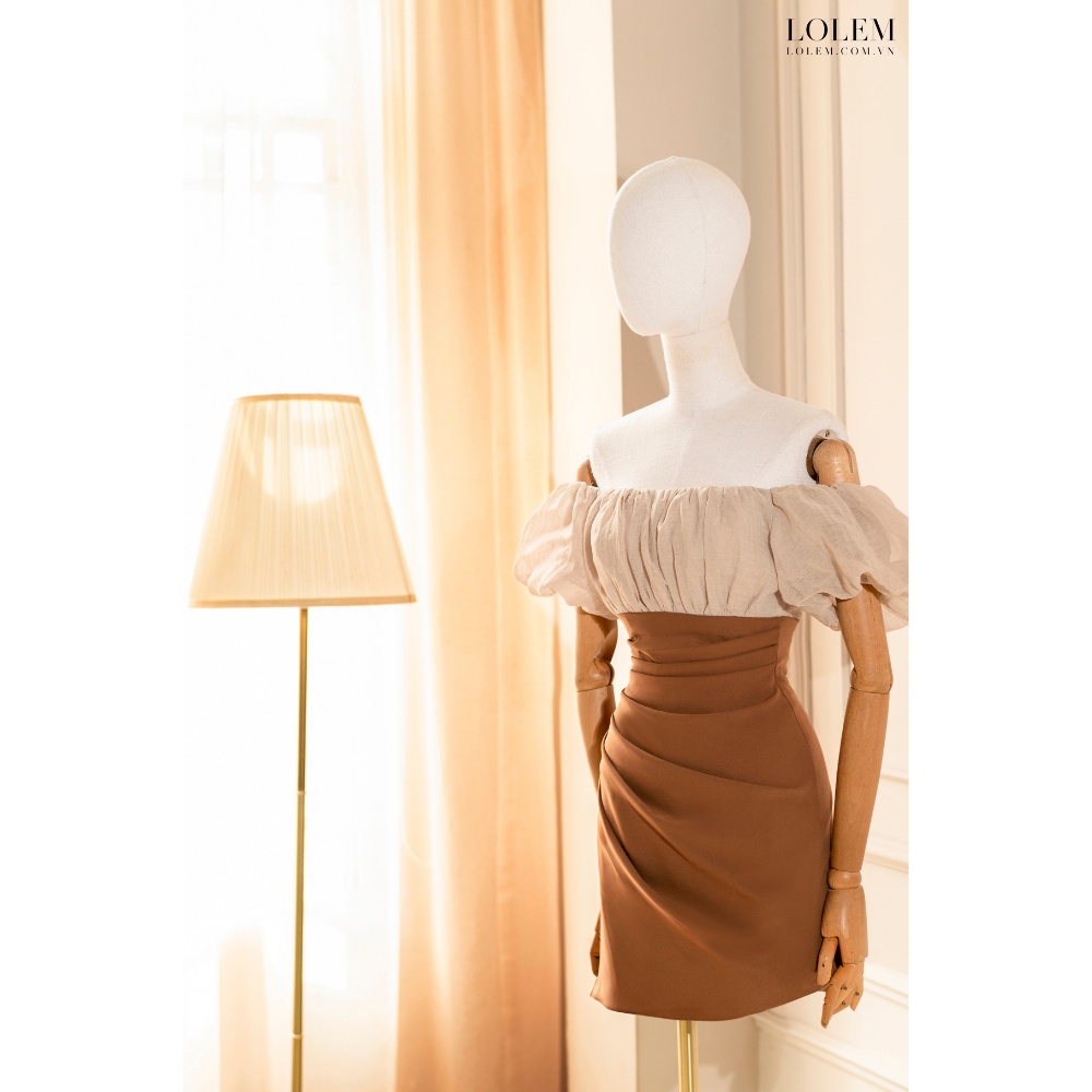 Đầm ôm body LOLEM DO173 chéo vạt trễ vai phối linen thân váy xếp ly 3D