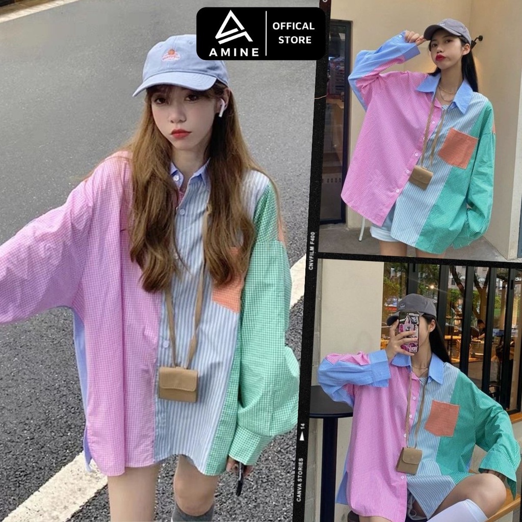 Áo sơ mi nữ, sơ mi caro nữ form rộng Hàn Quốc C14