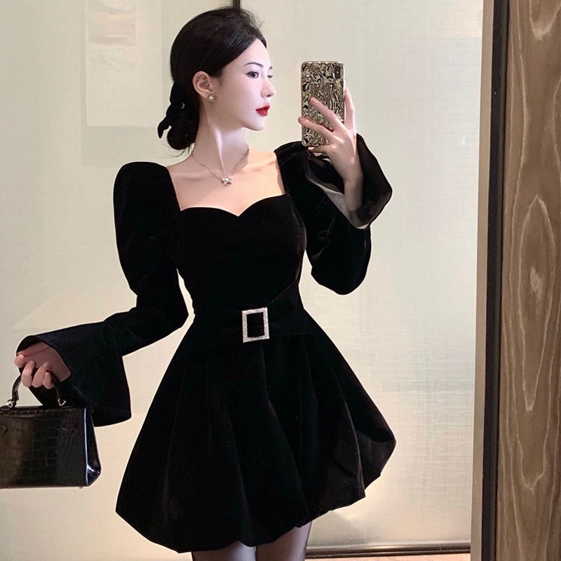 Đầm Nhung Đen Nhấn Eo Size Lớn Thời Trang Pháp Cho Nữ