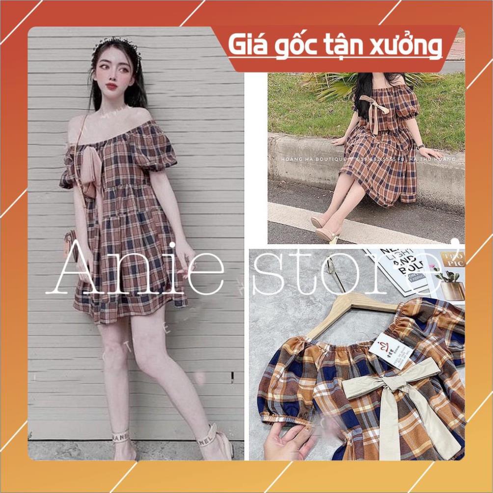 Hàng Cao Cấp- Giá Gốc Tận Xưởng Đầm Nữ Caro Trễ Vai Nơ Ngực 🦋 Váy Nữ Kẻ Ô Dáng Xòe Cộc Tay 🦋