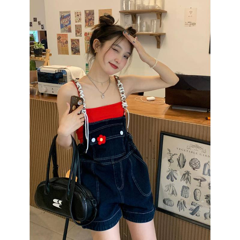 Quần yếm denim ngắn ống rộng lưng cao phong cách hàn quốc thời trang mùa hè hàng mới dành cho nữ 2022