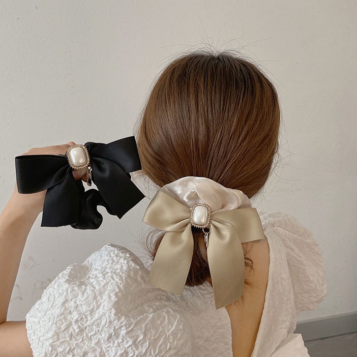 Dây Buộc Tóc Thắt Nơ Bằng Vải Organza Đính Ngọc Trai Cỡ Lớn Phong Cách Mới