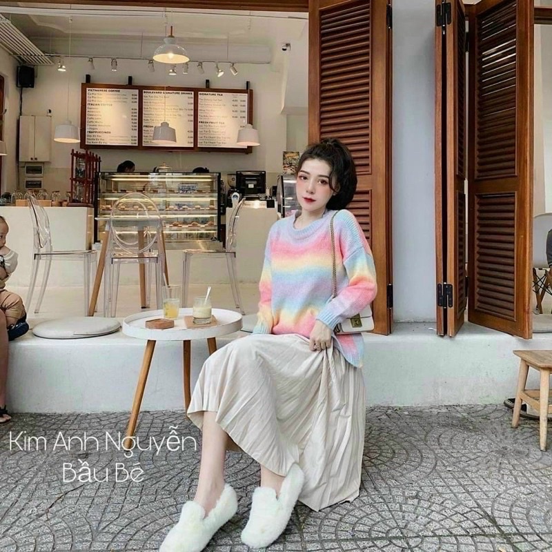 Áo len cầu vồng len lông cừu dáng trùm Mông