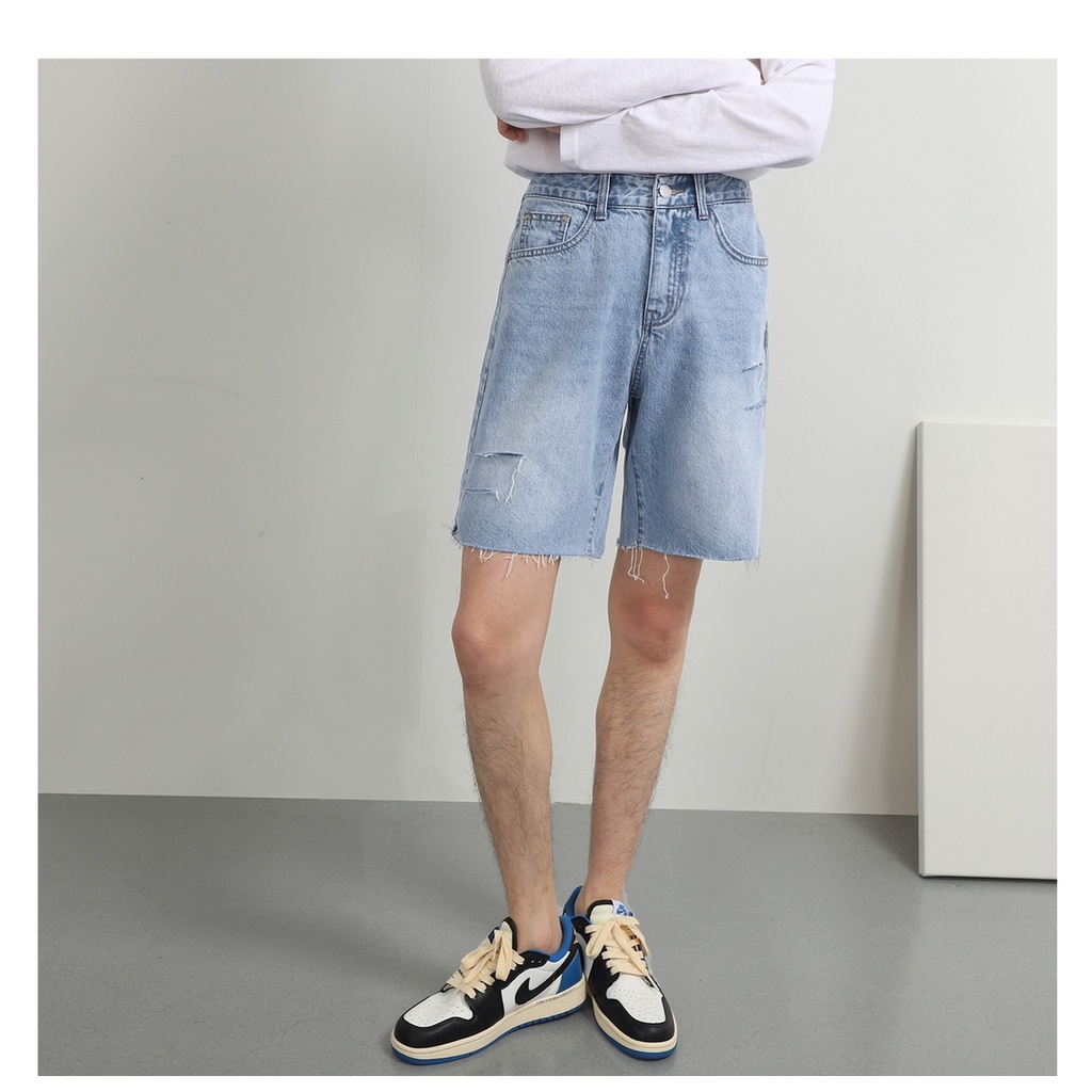 Quần short jean nam lai thả wax rách