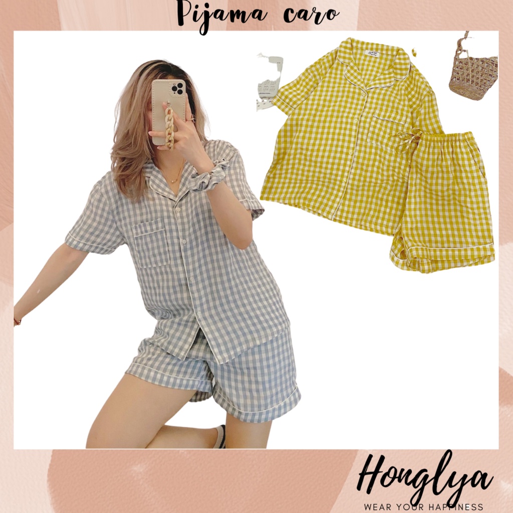 [Có clip review] Bộ ngủ pijama kẻ sọc caro tặng kèm scrunchies hot hit / Bộ ngủ pyjama caro