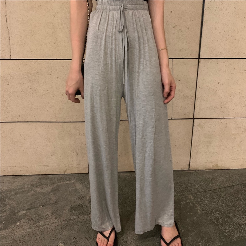 SUXI Set Áo Thun Tay Ngắn Phồng Cổ Chữ V Màu Sắc Đơn Giản + Quần Dài Lưng Cao Ống Rộng Thời Trang Cho Nữ