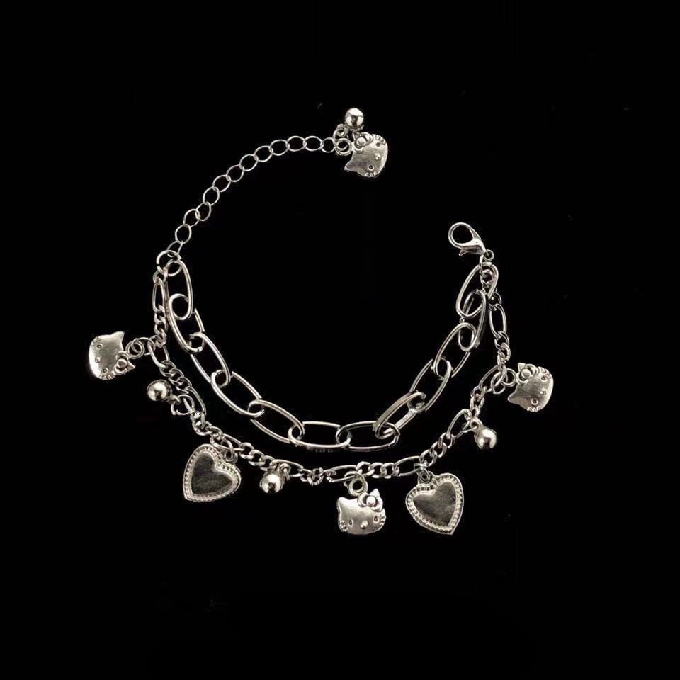 Vòng Đeo Tay Hai Lớp Họa Tiết Mèo Hello Kitty Bằng Kim Loại Thời Trang Cho Nữ
