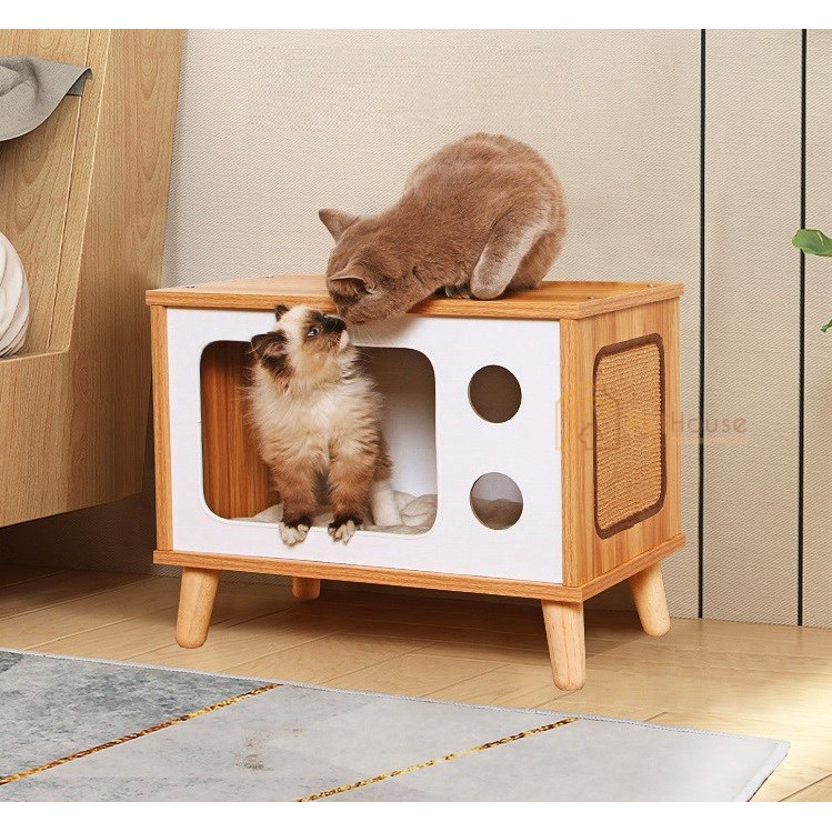 Nhà gỗ cho mèo hình hộp chất liệu gỗ Plywood