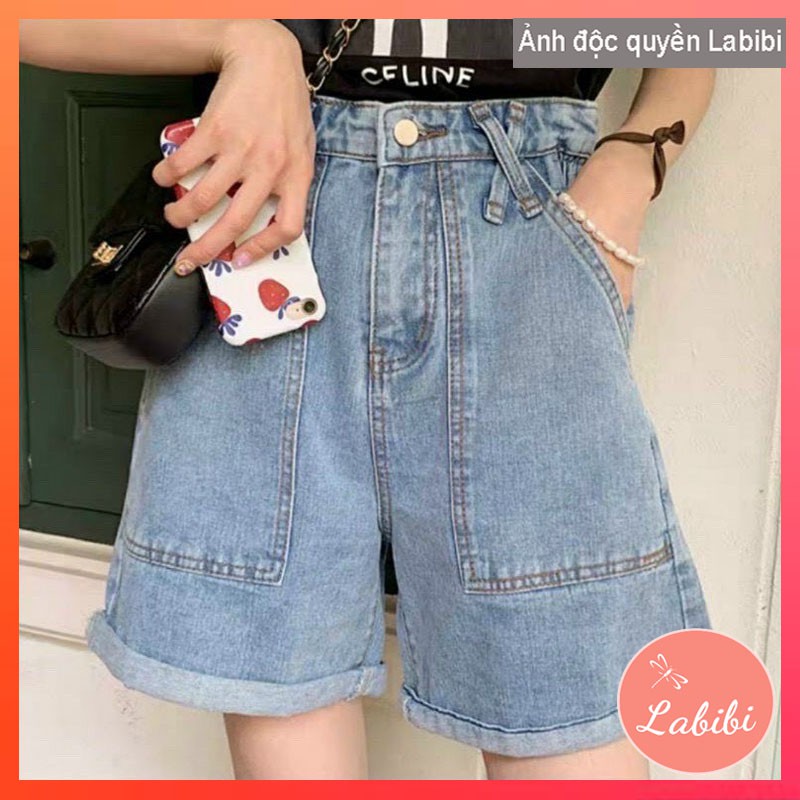 Quần Short Jeans Đai Chéo Túi Vuông, Quần Ngố Jean Lửng Nữ Form Rộng Trơn Basic, Labibi