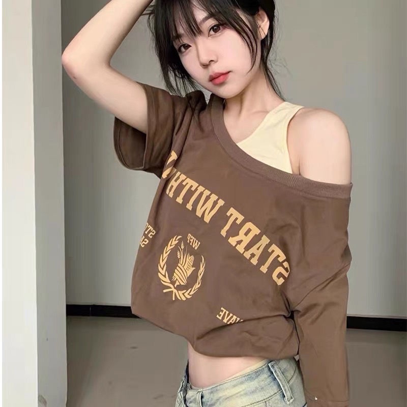 COZOK Áo Thun Ngắn Tay Trễ Vai Dáng Rộng Thời Trang Gợi Cảm