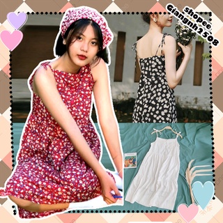 SUV002 Váy 2 dây hoa nhí maxi thắt nơ vintage đi chơi đi biển Đầm babydoll dáng dài xòe hai dây buộc tiểu thư bánh bèo