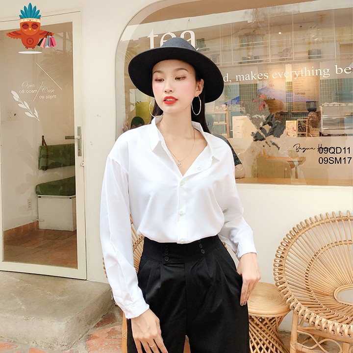 Áo sơ mi basic trắng trơn cổ sen THOCA HOUSE phù hợp công sở, đi học, đi chơi freesize dưới 56kg