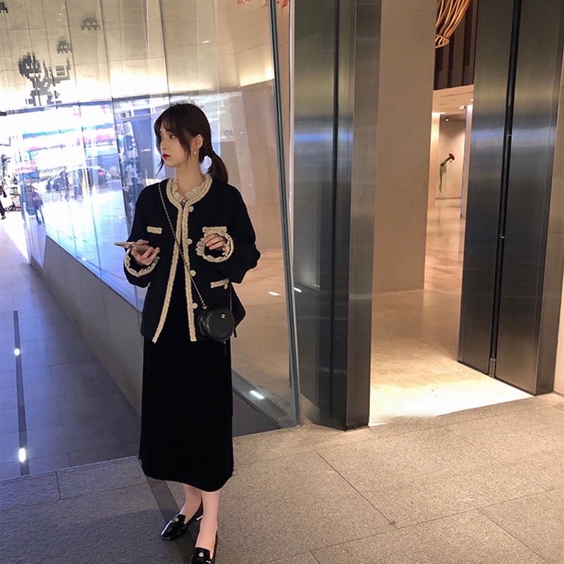 Áo dạ tweed đen phan viền bèo tiểu thư