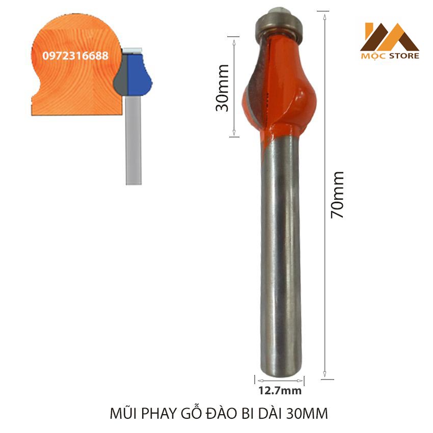 MŨI SOI GỖ - MŨI PHAY GỖ ĐÀO BI DÀI ĐÁNH TAY CẦU THANG 30MM CỐT 1.27MM, HÀNG VIỆT NAM CHẤT LƯỢNG CAO