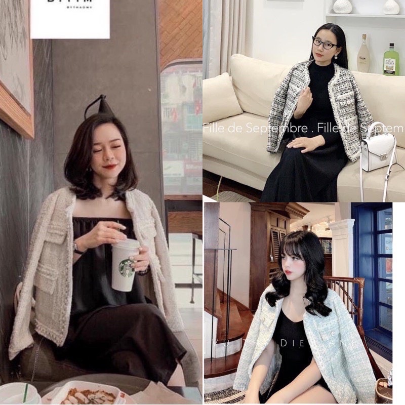 ÁO DẠ TRẮNG VIỀN DÂY NGỌC NẮP TÚI XỊN SÒ