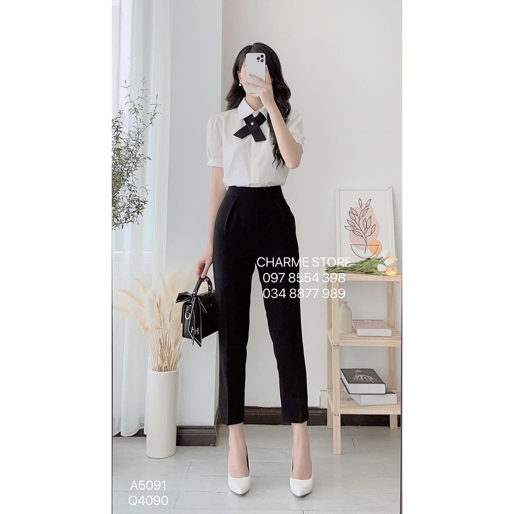 Áo nữ Charme sơ mi cộc tay kèm vạt đen 5091