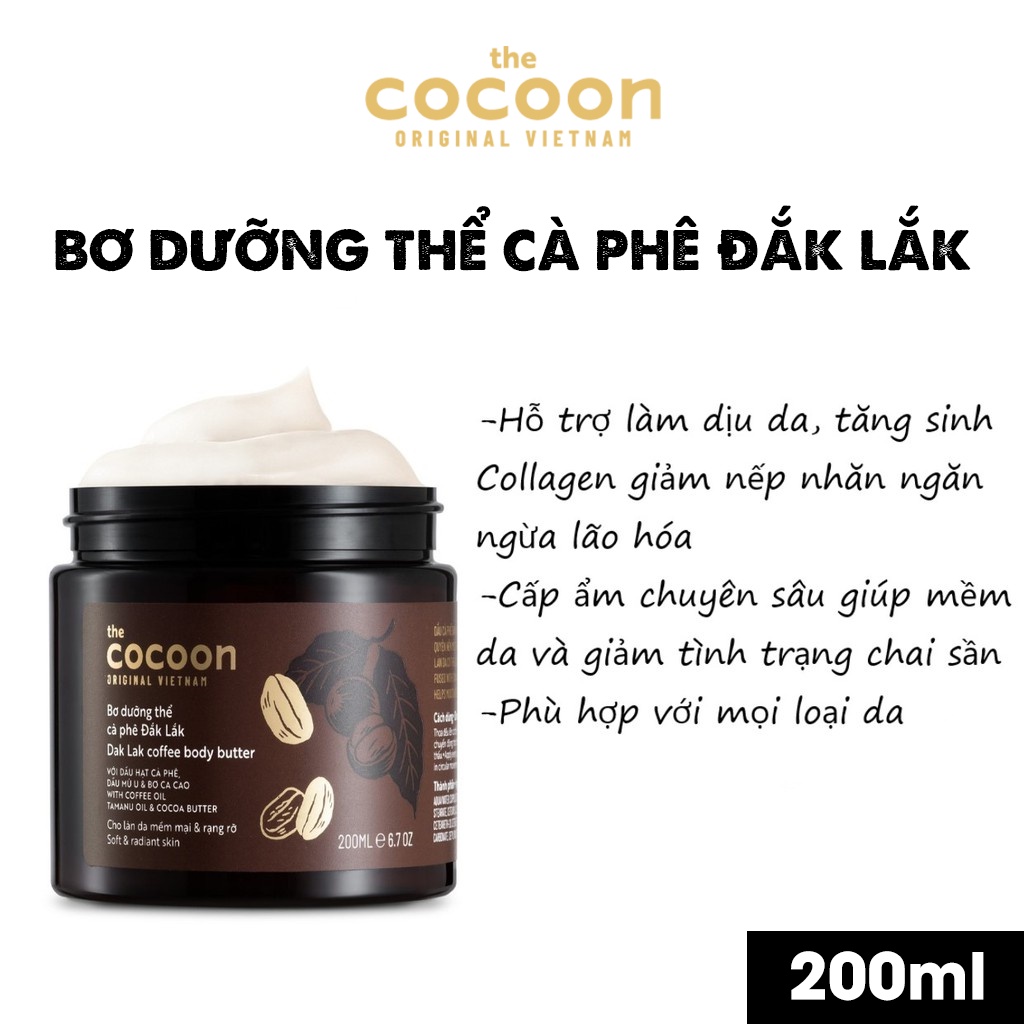 Bơ Dưỡng Thể Cà Phê Đắk Lắk CoCoon, Dưỡng Da Ẩm Mịn Toàn Thân 200ml