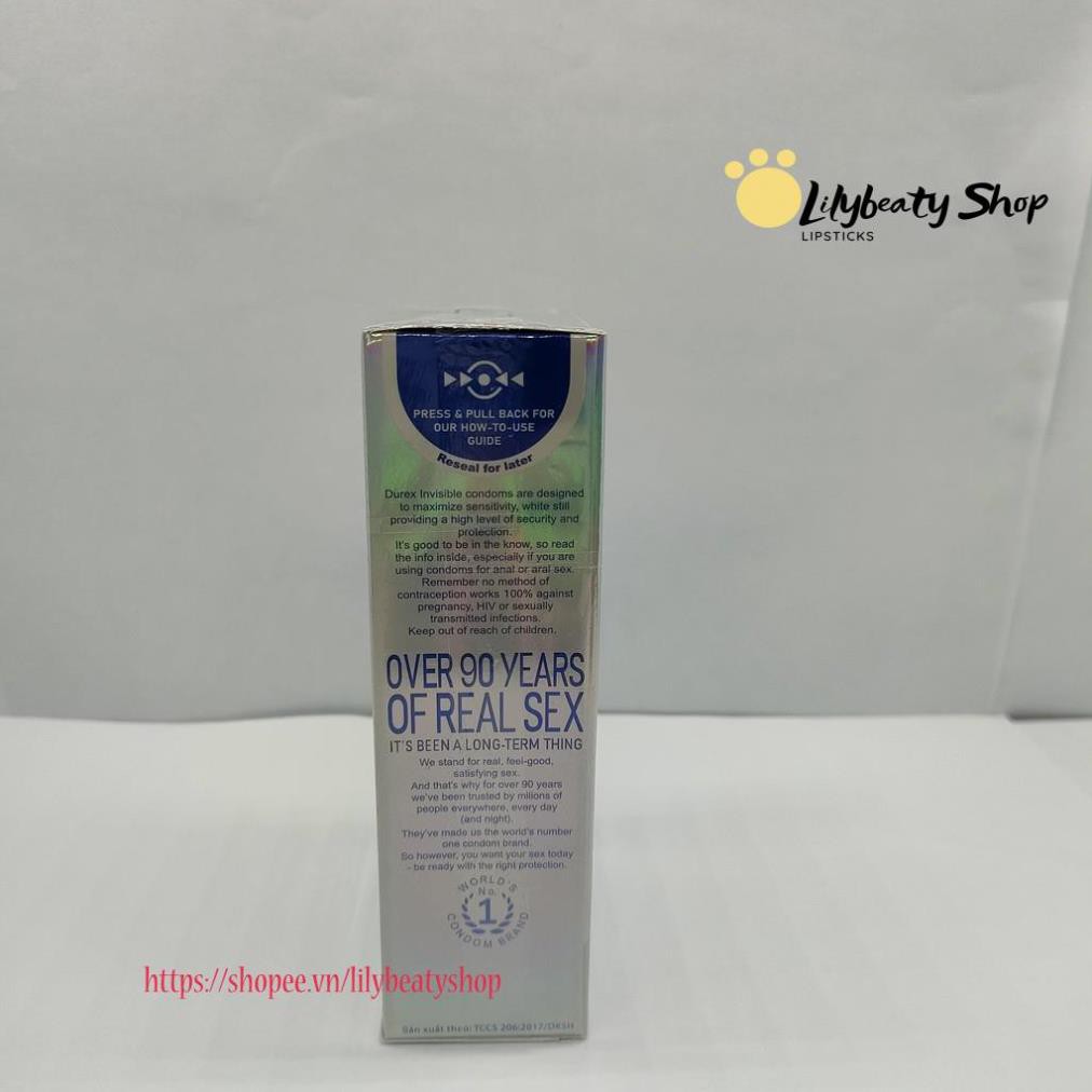 Bao cao su Durex Invisible Extra Thin extra sensitive siêu mỏng siêu mạnh chân thật hương yêu hộp 10c