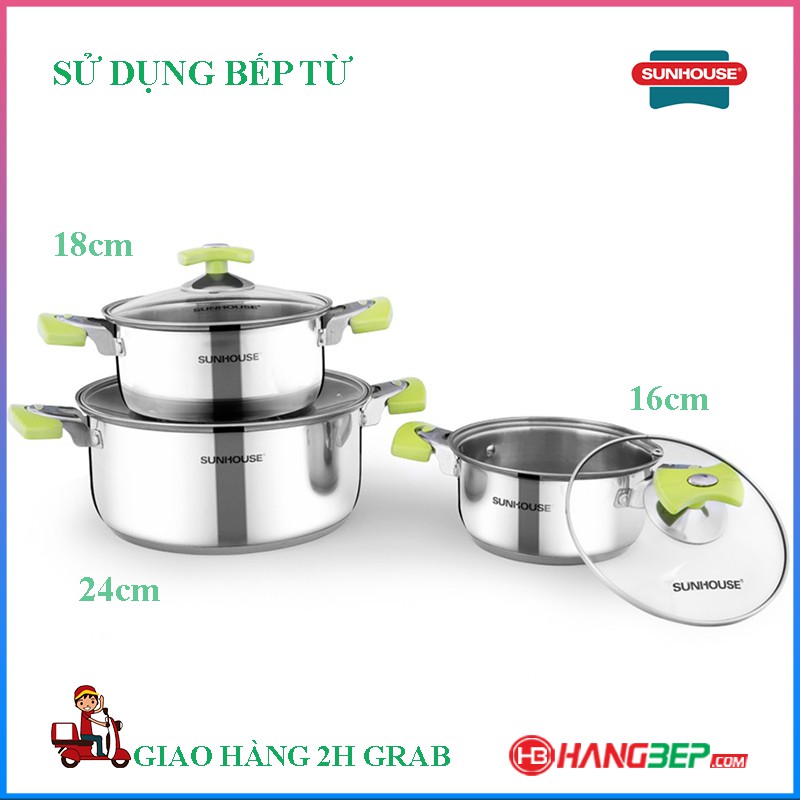 Bộ 3 nồi inox 3 đáy Sunhouse SH336 / SH333 ( sử dụng được với bếp từ)