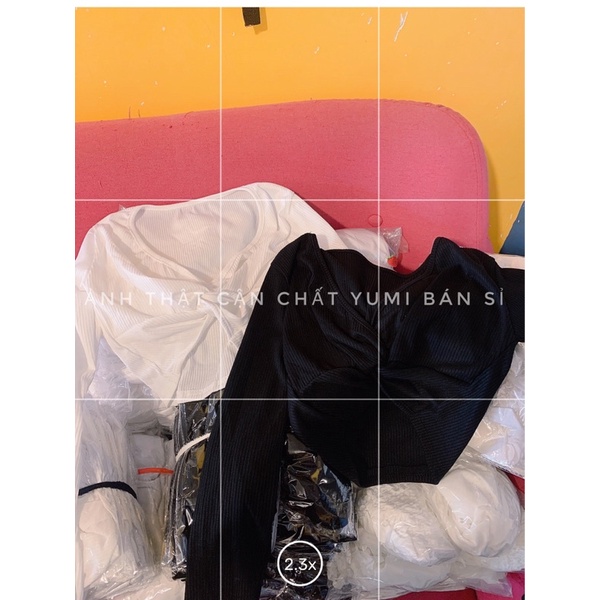 Áo Croptop Cổ V Tay Dài Xoắn Ngực Cổ V Chất Gân Co Giãn Gợi Cảm