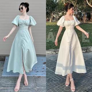 Đầm váy dài xoè tay bồng/phồng nút bọc trắng xanh mint, thời trang hot girl đi chơi chụp hình dạo phố dự tiệc sang trọng