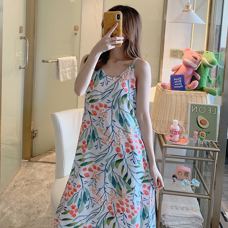 Váy lanh 2 dây mặc nhà QCCC đầm ngủ cotton lụa maxi dài tăng-đơ mát mẻ mùa hè bầu và sau sinh | BigBuy360 - bigbuy360.vn