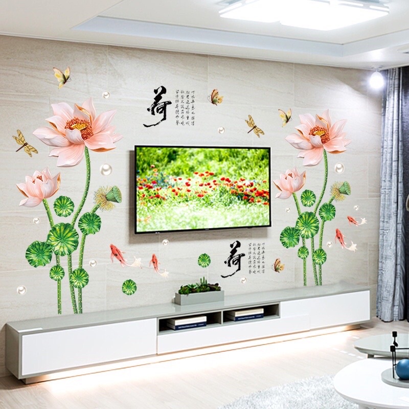Decal dán tường sen cam trang trí phòng khách